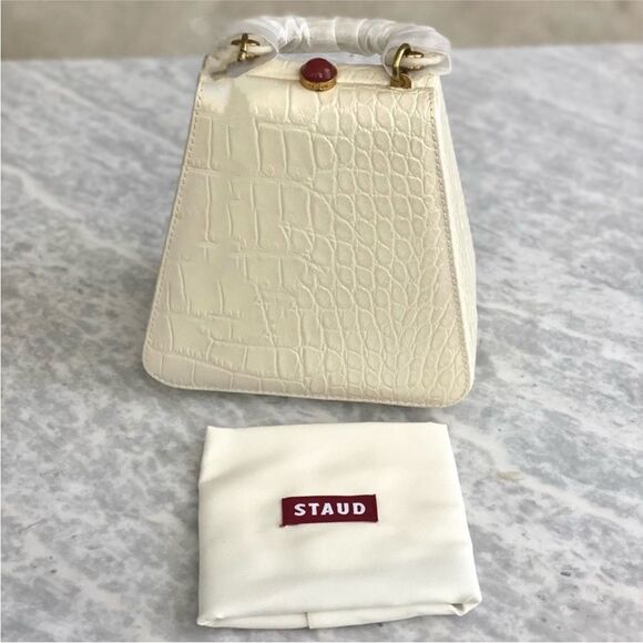 NEW STAUD Kenny Cream Croc Embossed Leather Top Handle Bag - Picture 10 of 11